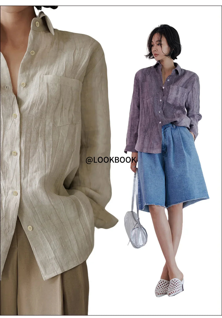 Morgan & Brooke | Natural Pleated Button-Up Linen Shirt