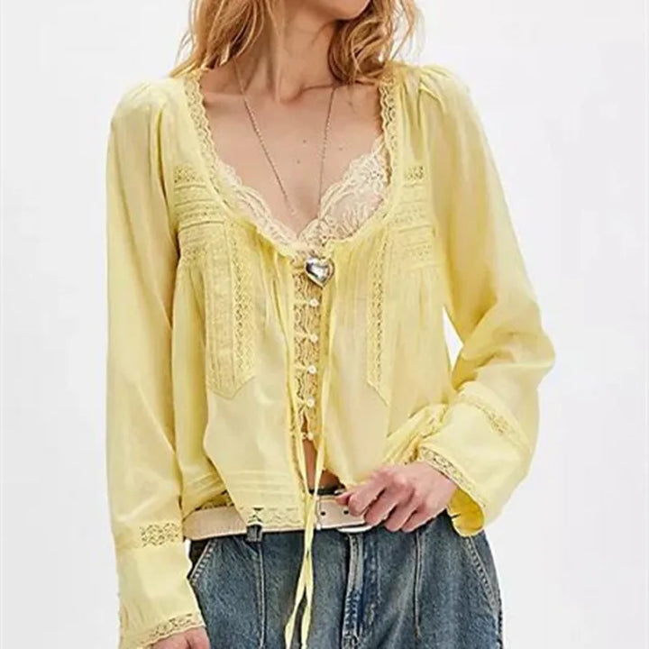 Morgan & Brooke | Ivory Lace-Trim Tie-Front Cotton Blouse