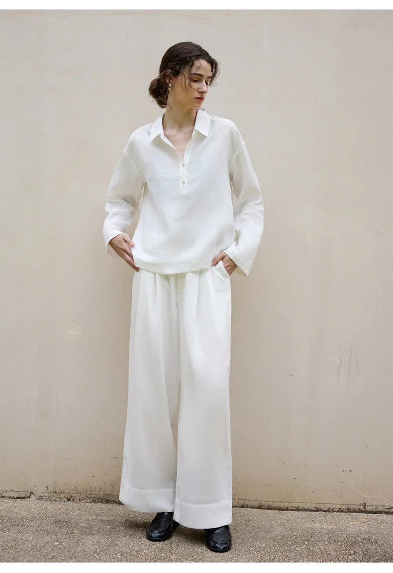 Morgan & Brooke | Natural Polo Collar Relaxed Fit Linen Pullover