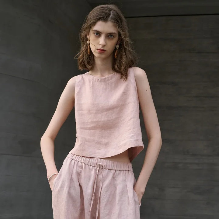 Morgan & Brooke | Natural Asymmetric Linen Crop Top
