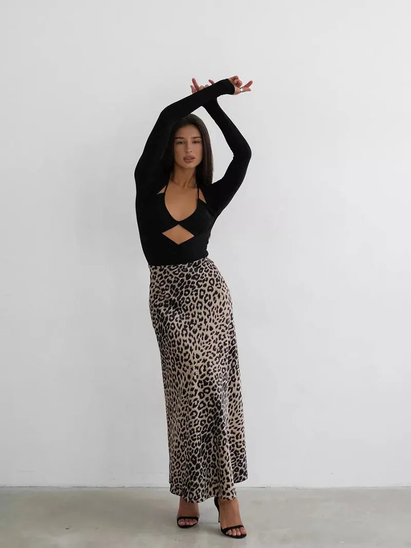 Morgan & Brooke | Leopard Print Midi Satin Skirt
