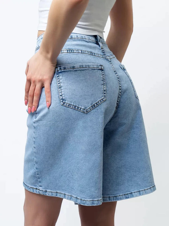 Morgan & Brooke | Blue High-Waist Frayed Hem Cotton Denim Shorts