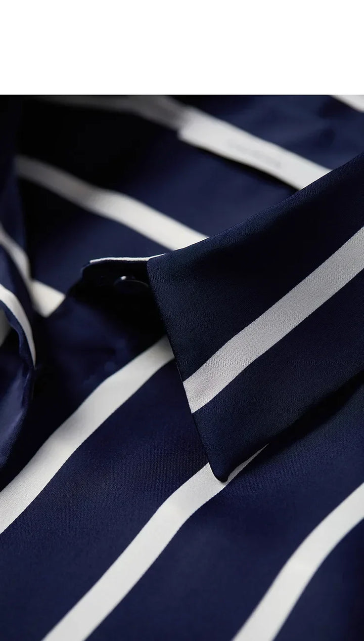 Morgan & Brooke | Blue Striped Long-Sleeve Satin Blouse