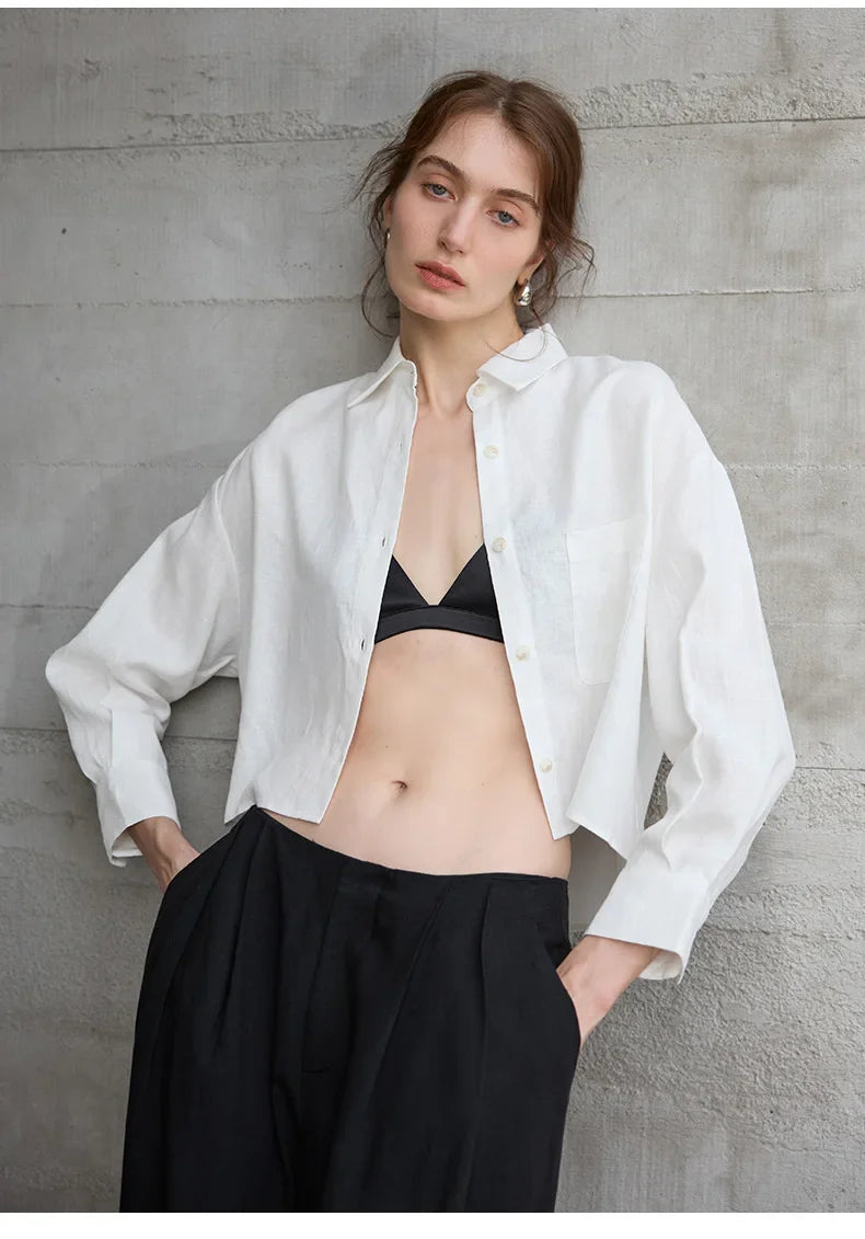 Morgan & Brooke | Cropped Long-Sleeve Linen Shirt