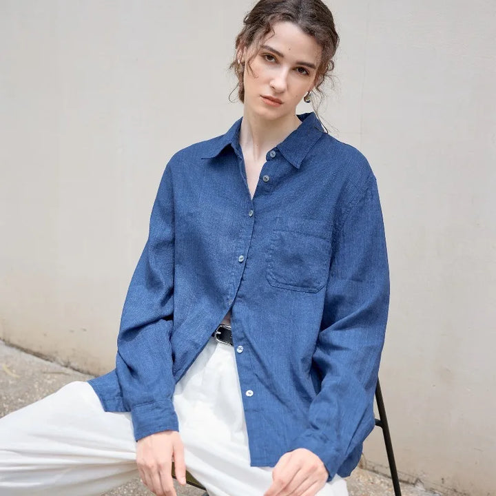 Morgan & Brooke | Indigo Relaxed Fit Button-Up Linen Shirt