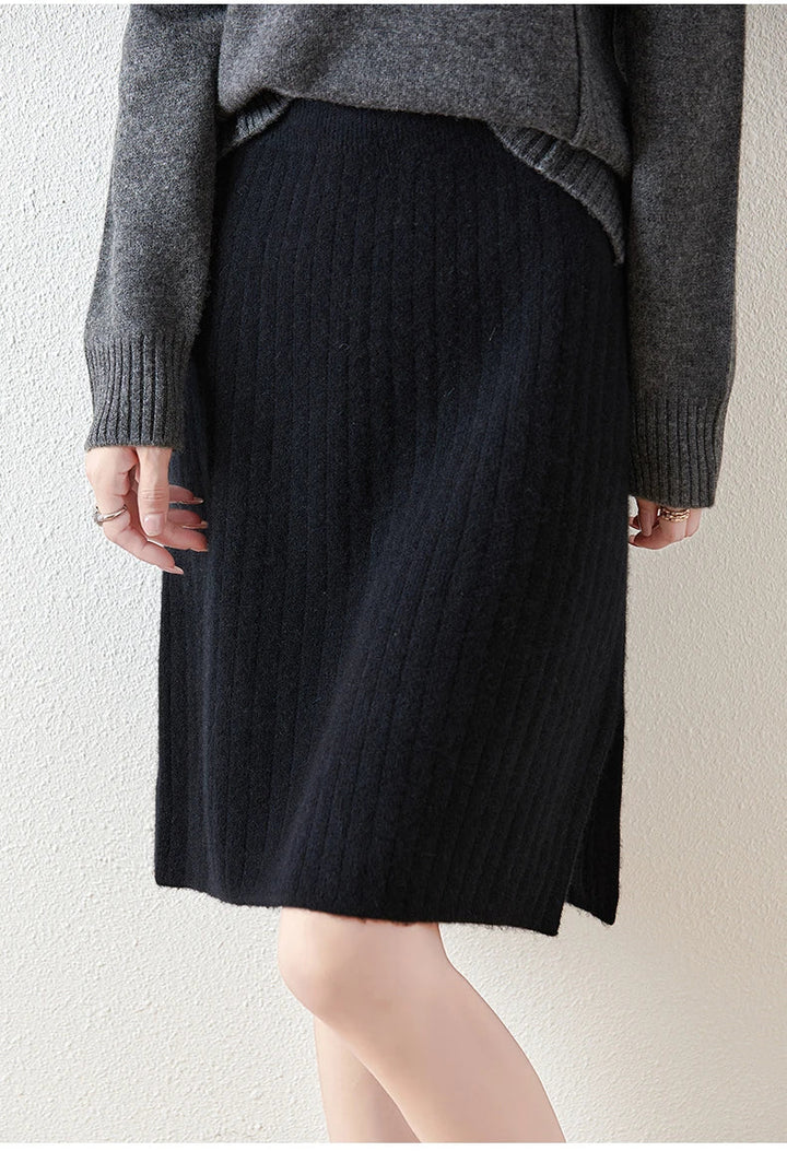 Morgan & Brooke | Ribbed High-Waist Merino Wool Skirt