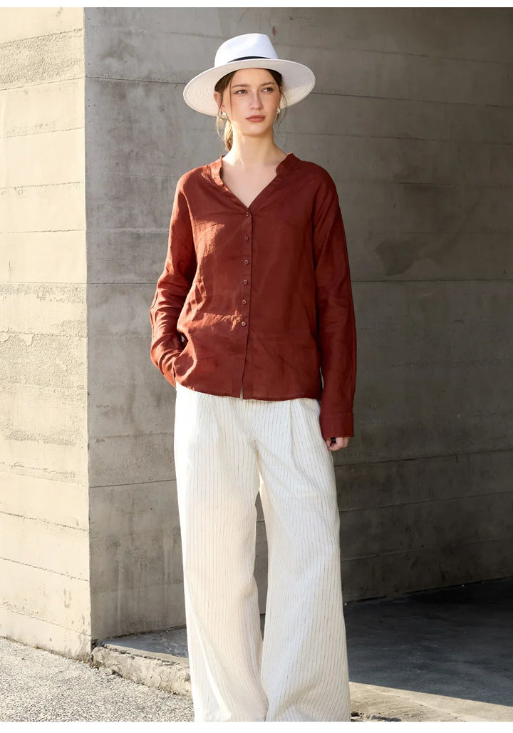 Morgan & Brooke | Natural Collarless V-Neck Linen Shirt