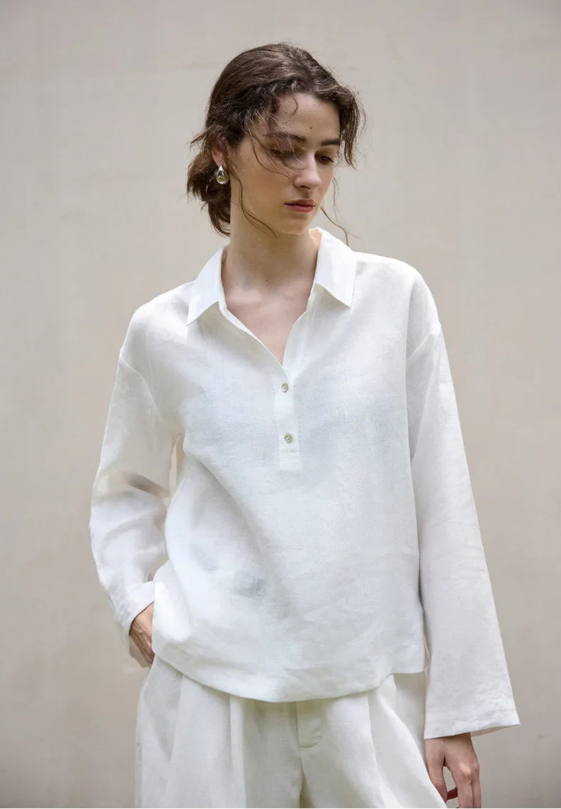 Morgan & Brooke | Natural Polo Collar Relaxed Fit Linen Pullover