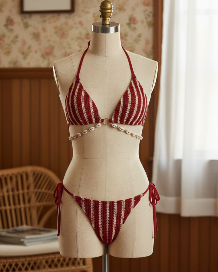 Morgan and Brooke | O-Ring Bikini Set for Women in Red with Contrasting Details