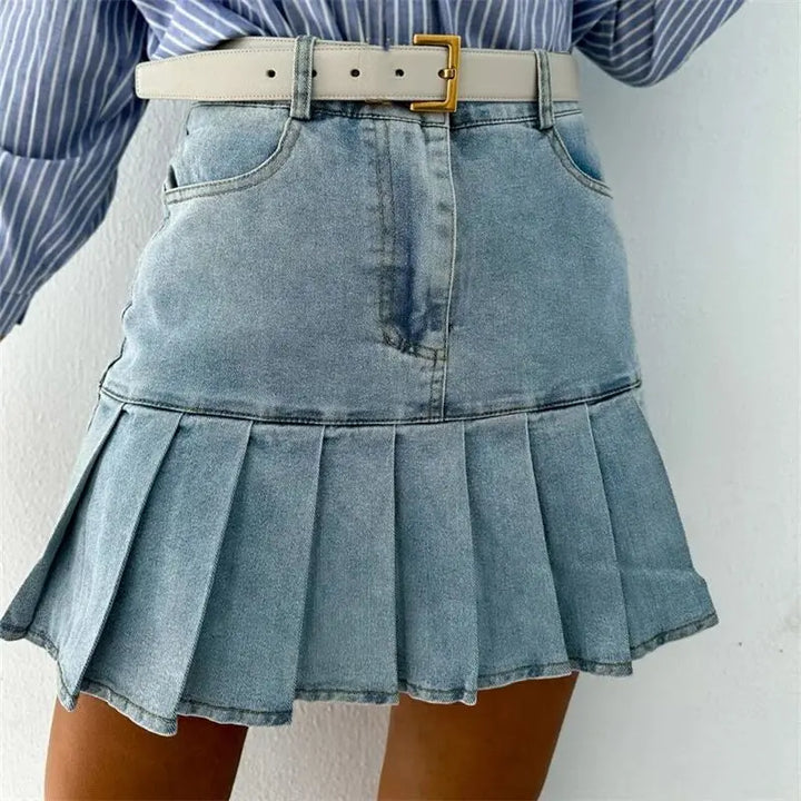 Morgan & Brooke | Indigo Pleated High-Waist Cotton Denim Skirt