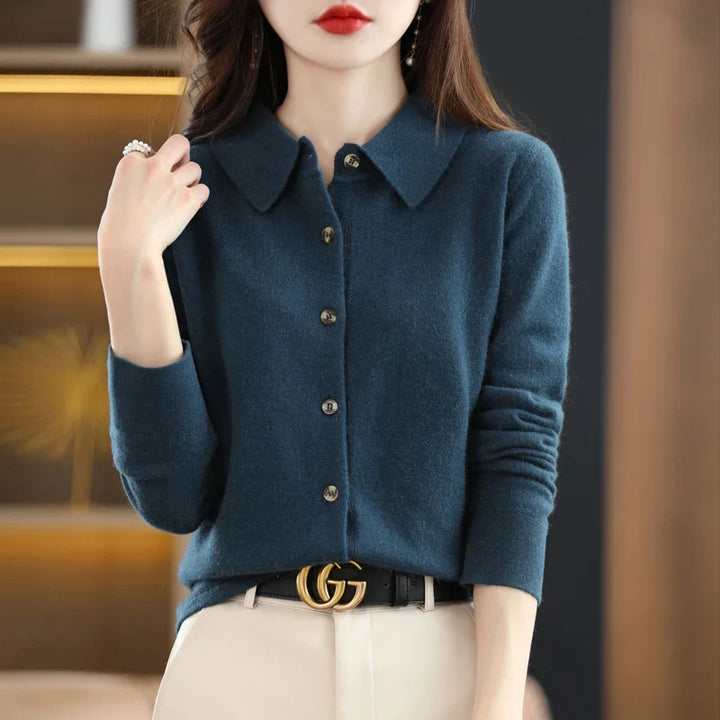 Morgan & Brooke | Navy Polo Collar Button-Up Cotton-Blend Knit Cardigan