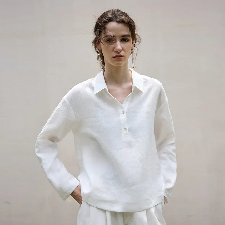 Morgan & Brooke | Natural Polo Collar Relaxed Fit Linen Pullover