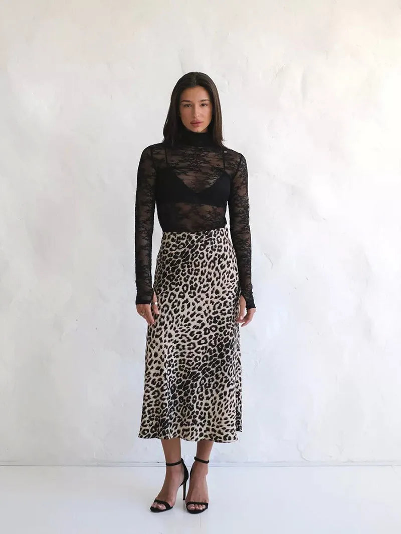 Morgan & Brooke | Leopard Print Midi Satin Skirt