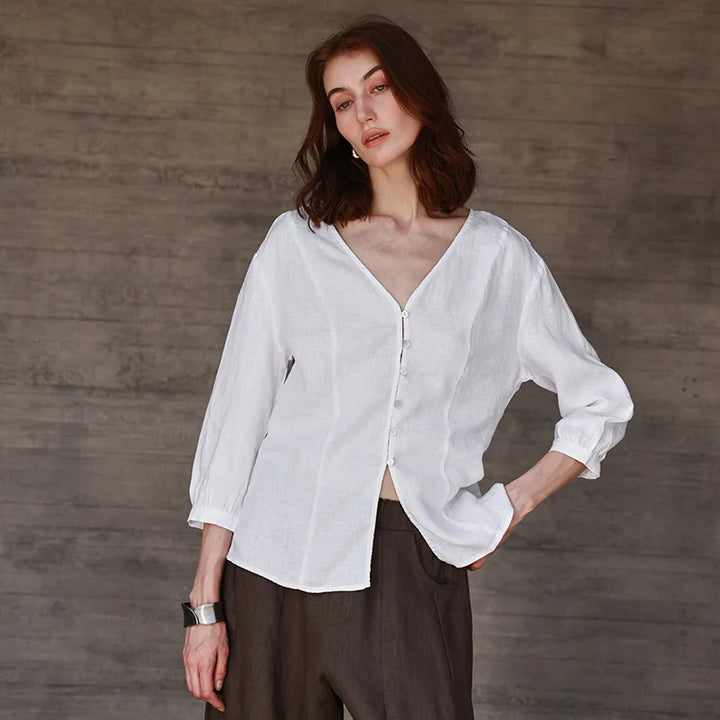 Morgan & Brooke | Fitted V-Neck Linen Blouse