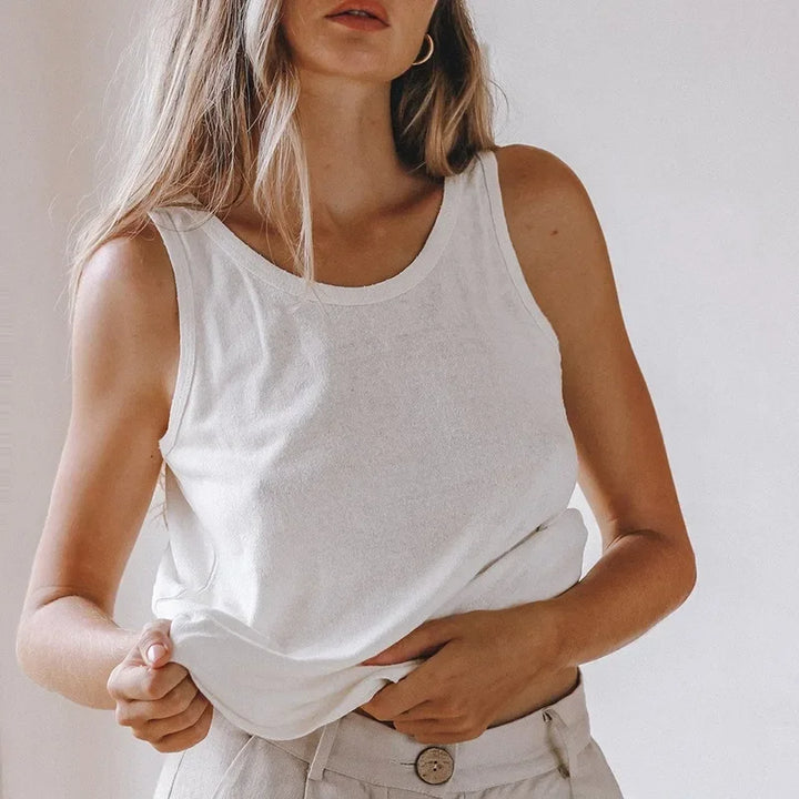Morgan & Brooke | White Ribbed Scoop Neck Cotton Tank Top