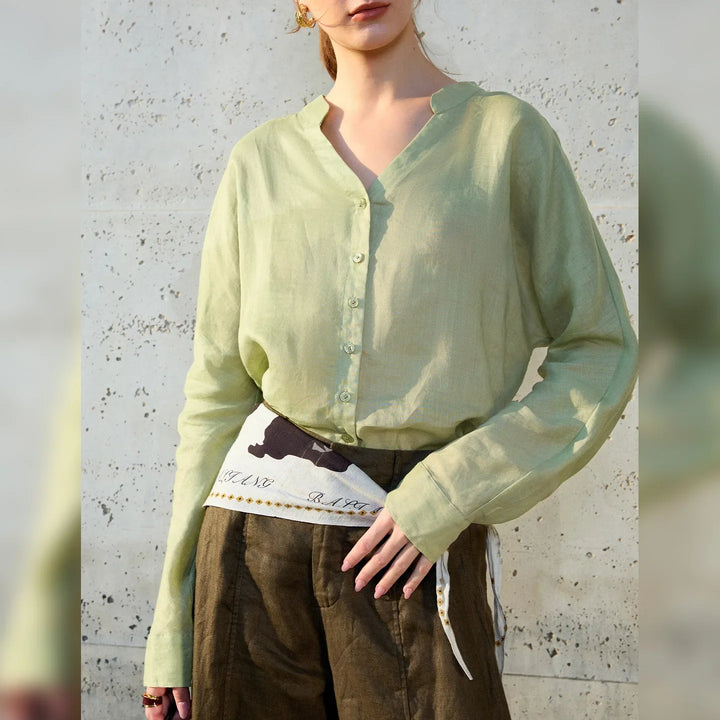 Morgan & Brooke | Natural Collarless V-Neck Linen Shirt