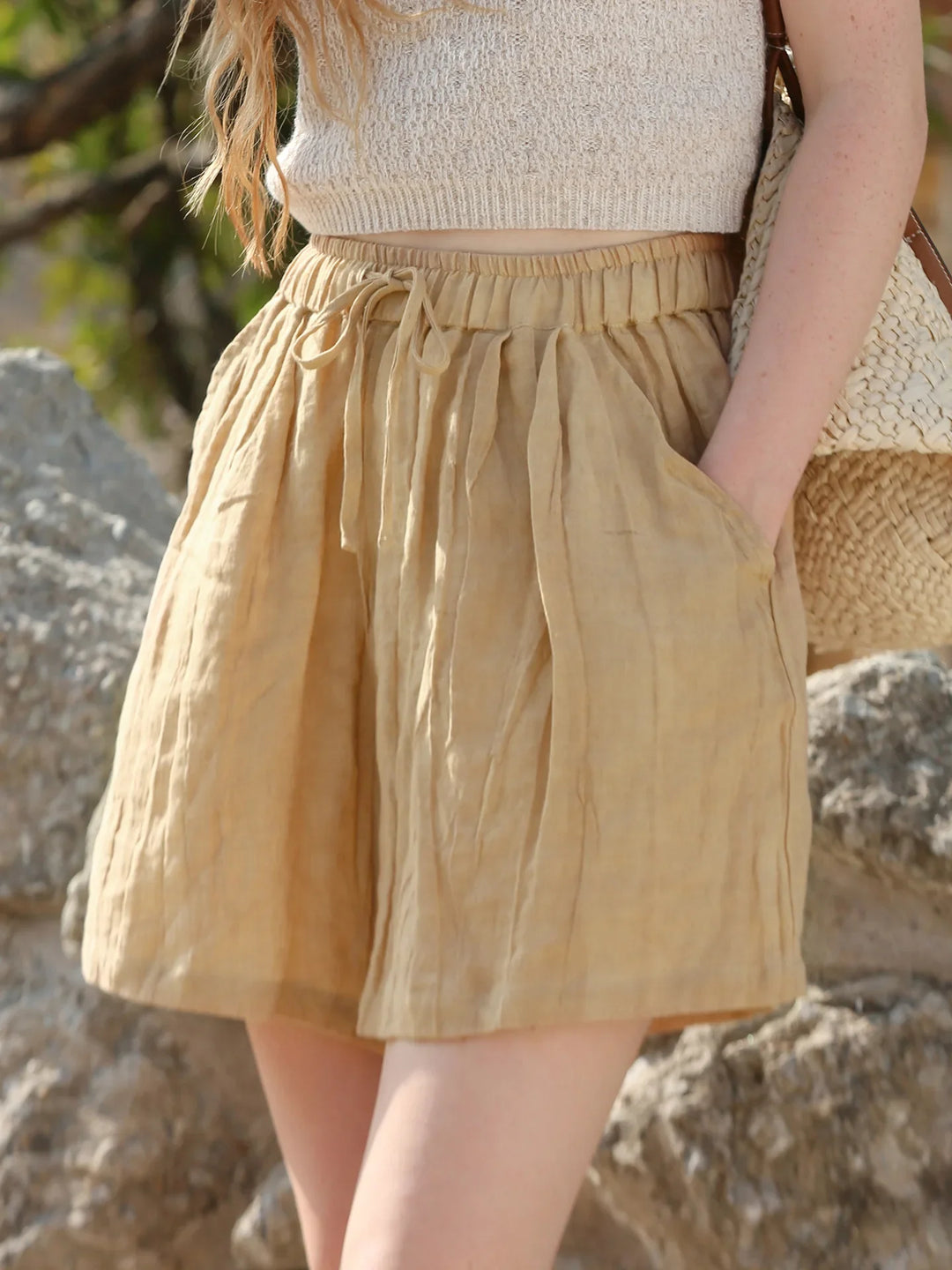 Morgan & Brooke | Natural High-Waist Relaxed Fit Linen Shorts