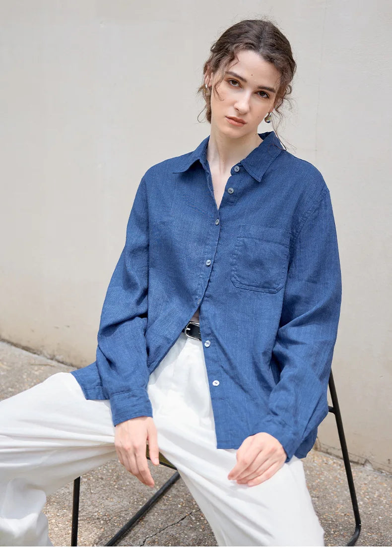 Morgan & Brooke | Indigo Relaxed Fit Button-Up Linen Shirt