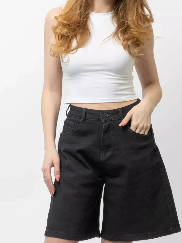 Morgan & Brooke | Blue High-Waist Frayed Hem Cotton Denim Shorts