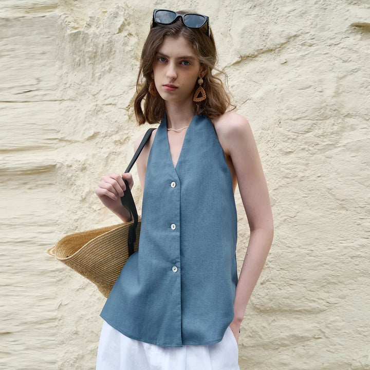 Morgan & Brooke | Natural Halter-Neck Waistcoat Cut Linen Top