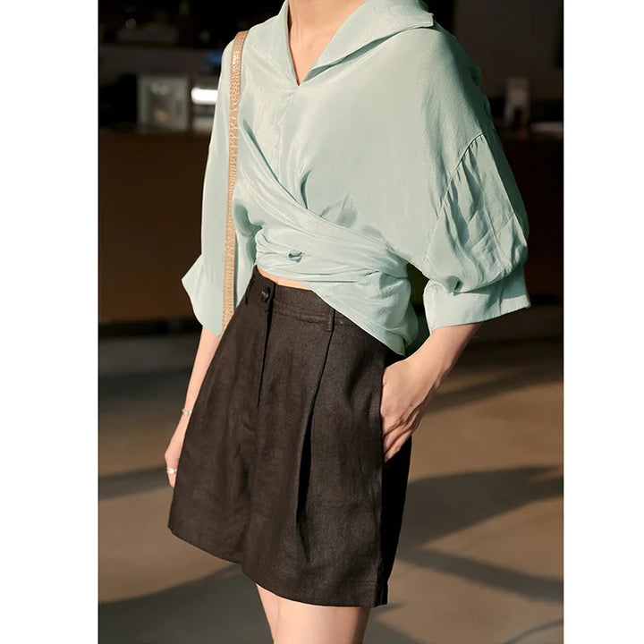 Morgan & Brooke | Stone Tailored High-Waist Linen Shorts