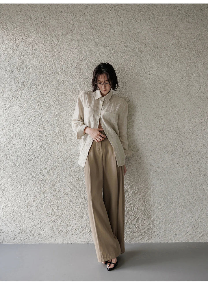 Morgan & Brooke | Natural Pleated Button-Up Linen Shirt