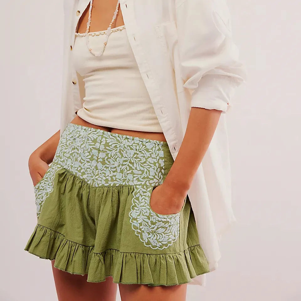 Morgan & Brooke | Embroidered Ruffle Pocket Cotton Shorts