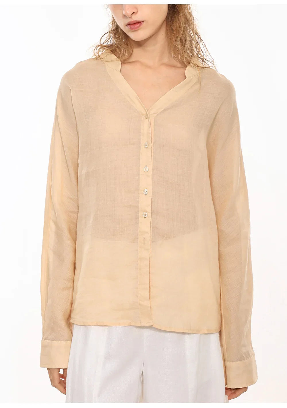 Morgan & Brooke | Natural Collarless V-Neck Linen Shirt