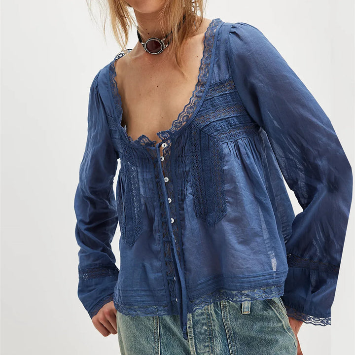 Morgan & Brooke | Ivory Lace-Trim Tie-Front Cotton Blouse