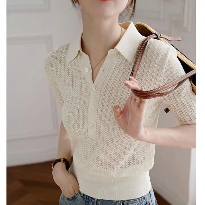 Morgan & Brooke | Ribbed Polo Collar Knit Blouse