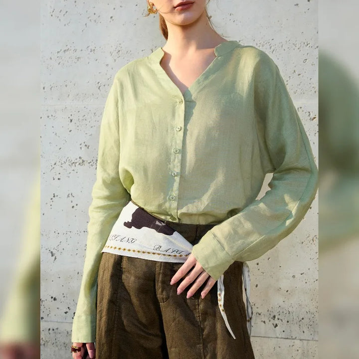 Morgan & Brooke | Natural Collarless V-Neck Linen Shirt