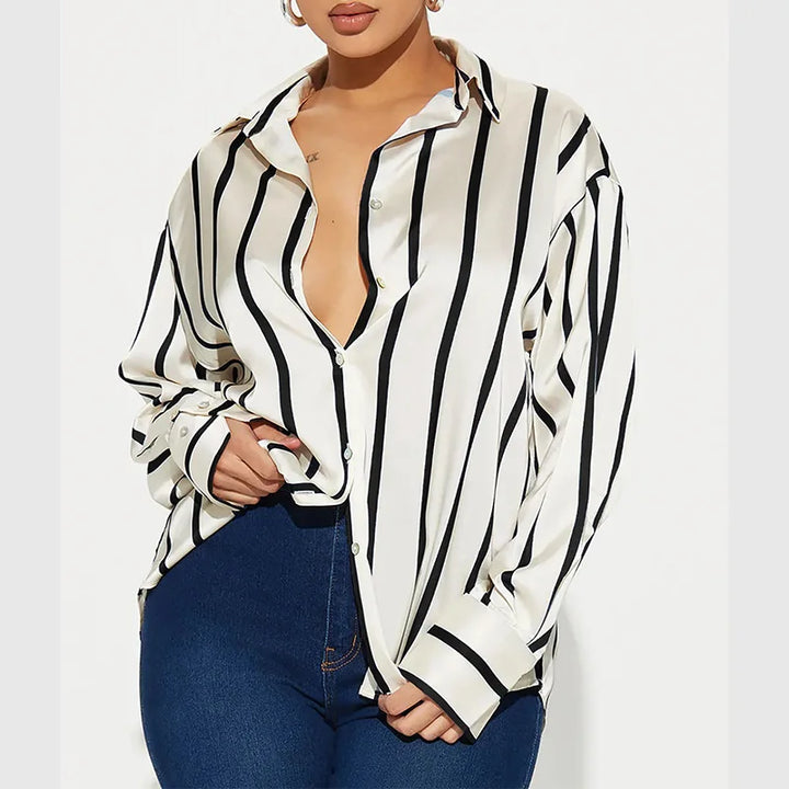 Morgan & Brooke | Striped Satin Button-Up Shirt