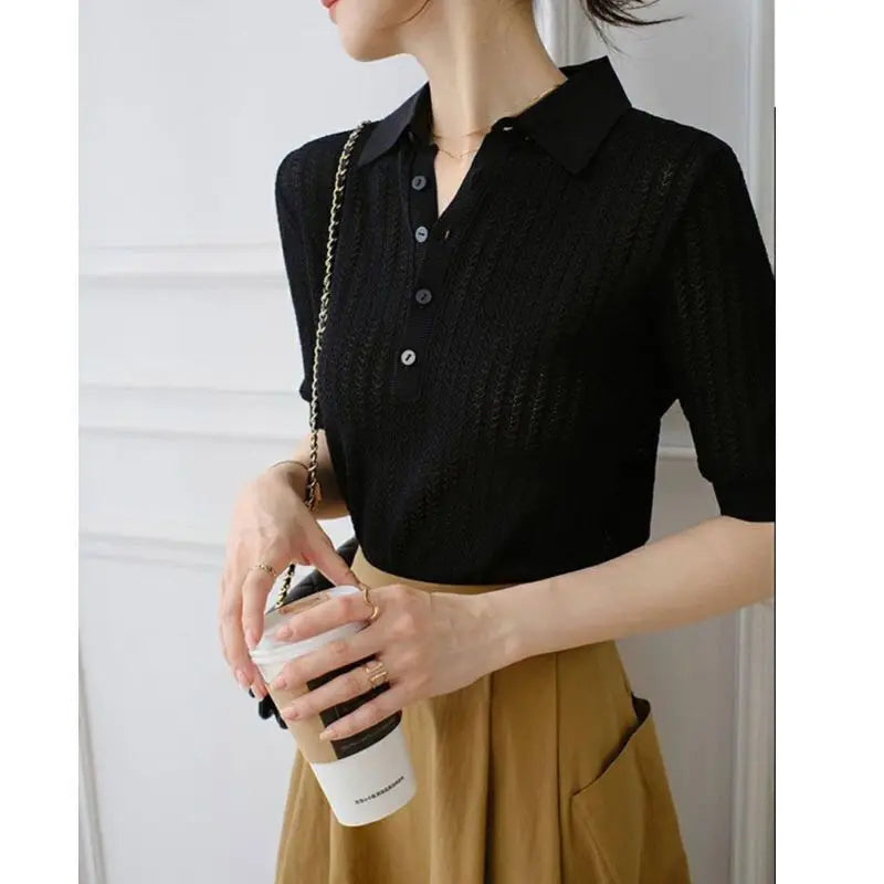 Morgan & Brooke | Ribbed Polo Collar Knit Blouse