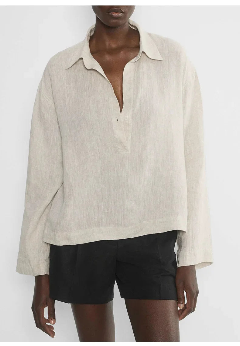 Morgan & Brooke | Natural Polo Collar Relaxed Fit Linen Pullover
