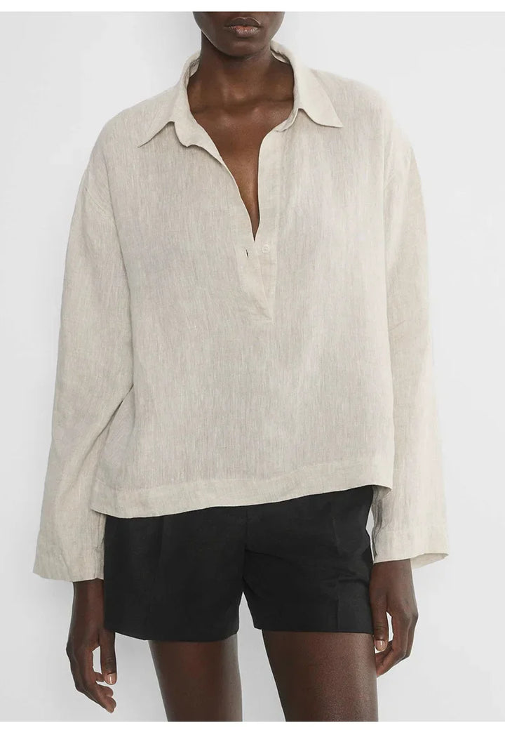 Morgan & Brooke | Natural Polo Collar Relaxed Fit Linen Pullover