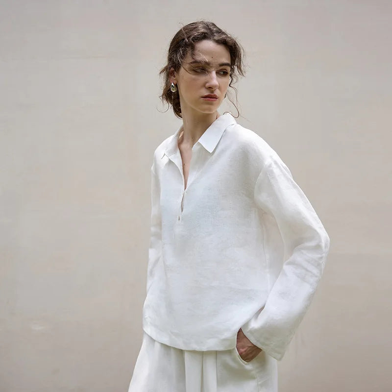 Morgan & Brooke | Natural Polo Collar Relaxed Fit Linen Pullover