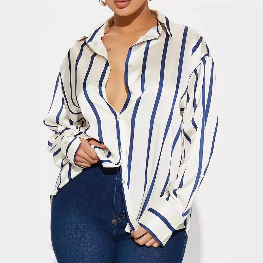 Morgan & Brooke | Striped Satin Button-Up Shirt