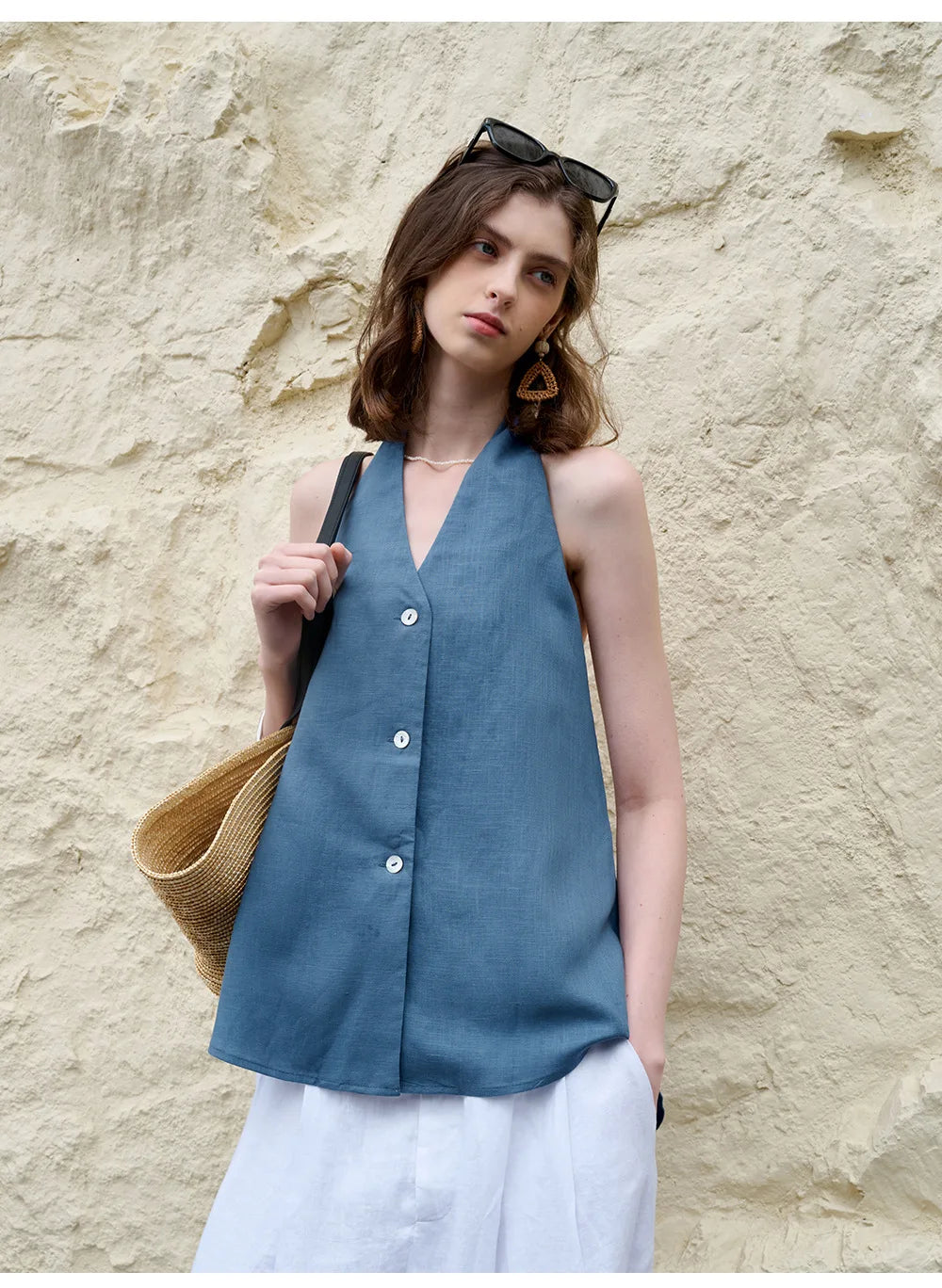 Morgan & Brooke | Natural Halter-Neck Waistcoat Cut Linen Top