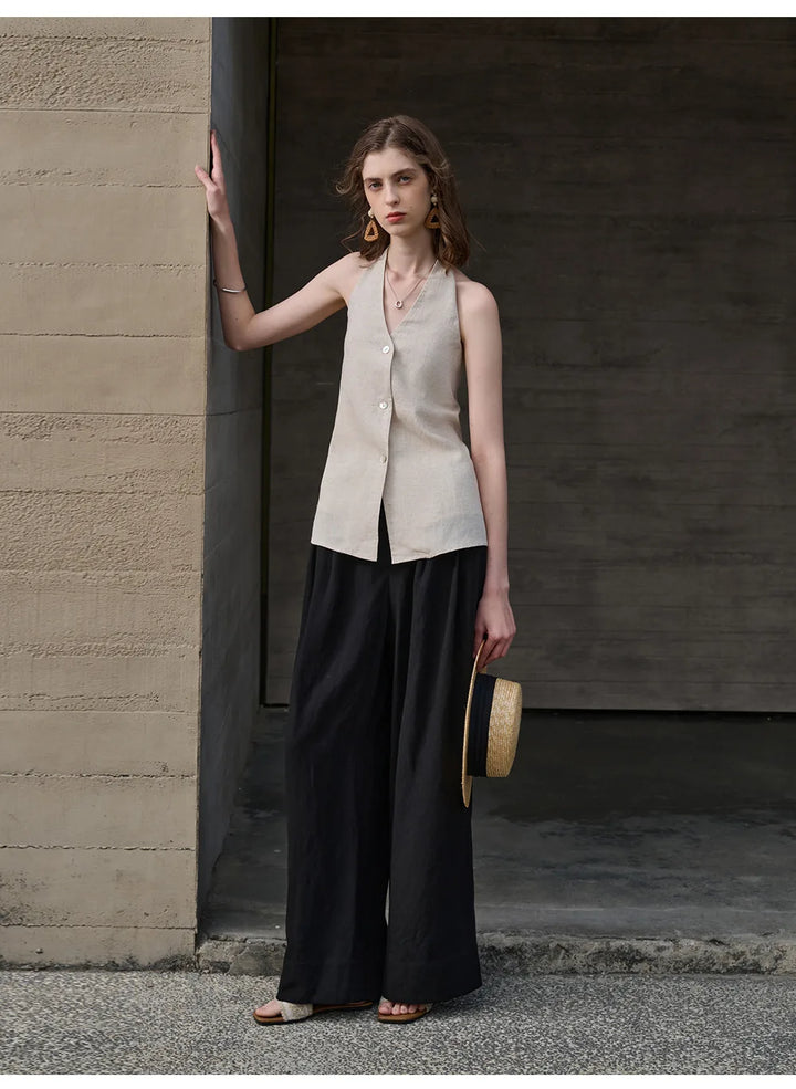 Morgan & Brooke | Natural Halter-Neck Waistcoat Cut Linen Top