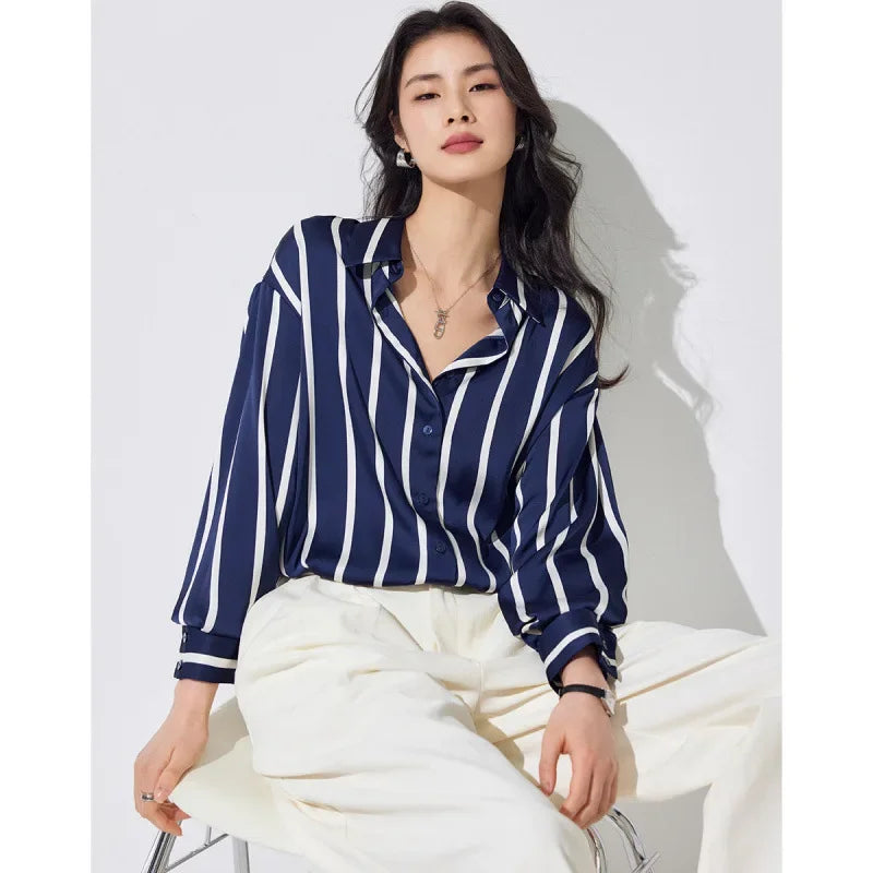 Morgan & Brooke | Blue Striped Long-Sleeve Satin Blouse