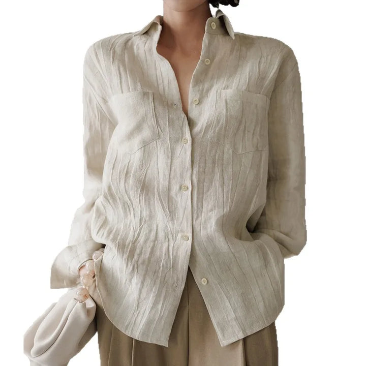 Morgan & Brooke | Natural Pleated Button-Up Linen Shirt