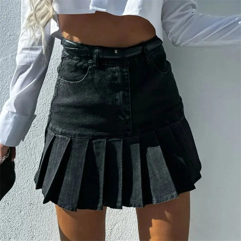 Morgan & Brooke | Indigo Pleated High-Waist Cotton Denim Skirt