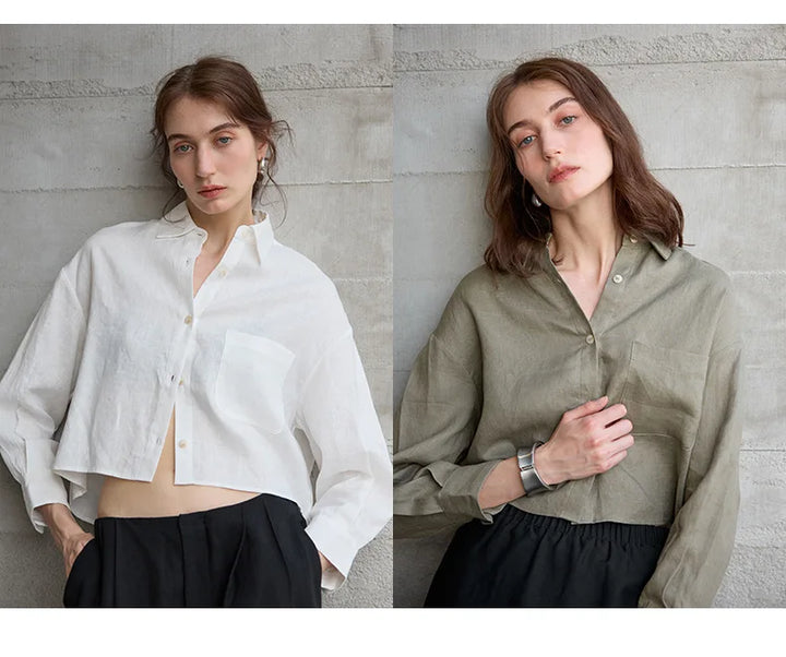 Morgan & Brooke | Natural Cropped Button-Up Linen Overshirt
