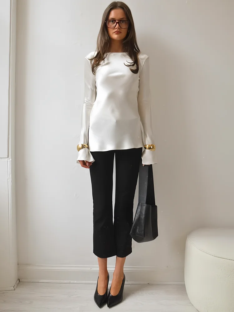 Morgan & Brooke | Long Sleeve Bell Cuff Satin Top