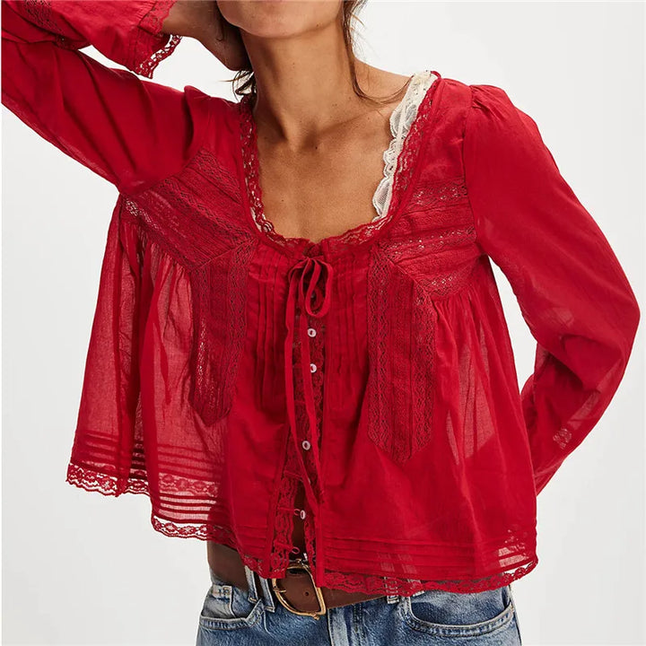 Morgan & Brooke | Ivory Lace-Trim Tie-Front Cotton Blouse