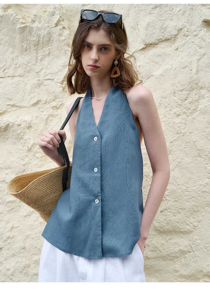 Morgan & Brooke | Natural Halter-Neck Waistcoat Cut Linen Top