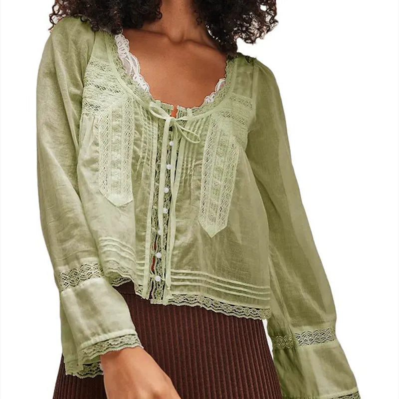 Morgan & Brooke | Ivory Lace-Trim Tie-Front Cotton Blouse