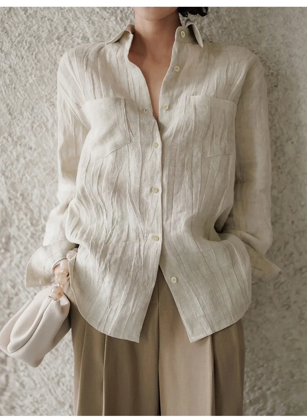 Morgan & Brooke | Natural Pleated Button-Up Linen Shirt