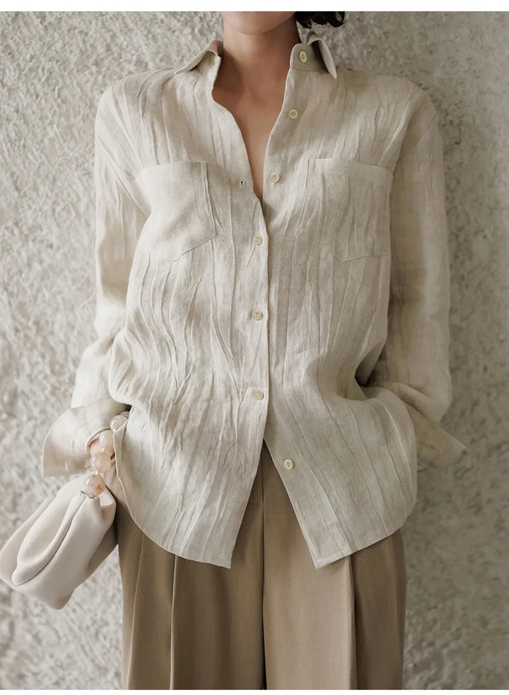 Morgan & Brooke | Natural Pleated Button-Up Linen Shirt