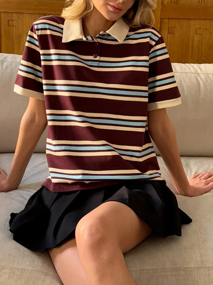 Morgan & Brooke | Striped Button-Placket Cotton Polo Tee
